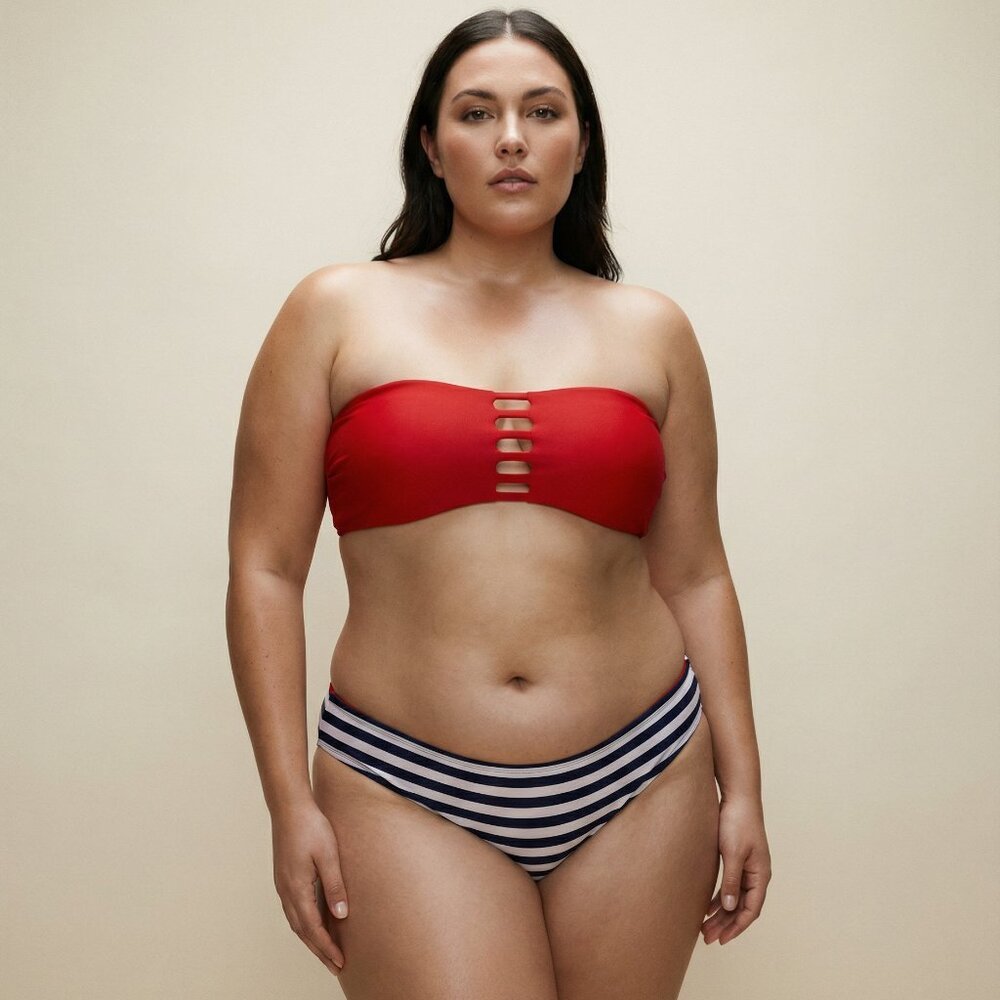 Red Bandeau Bikini Top with Striped Bottom